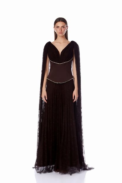 Kahverengi Dantel Pelerinli Abiye Elbise